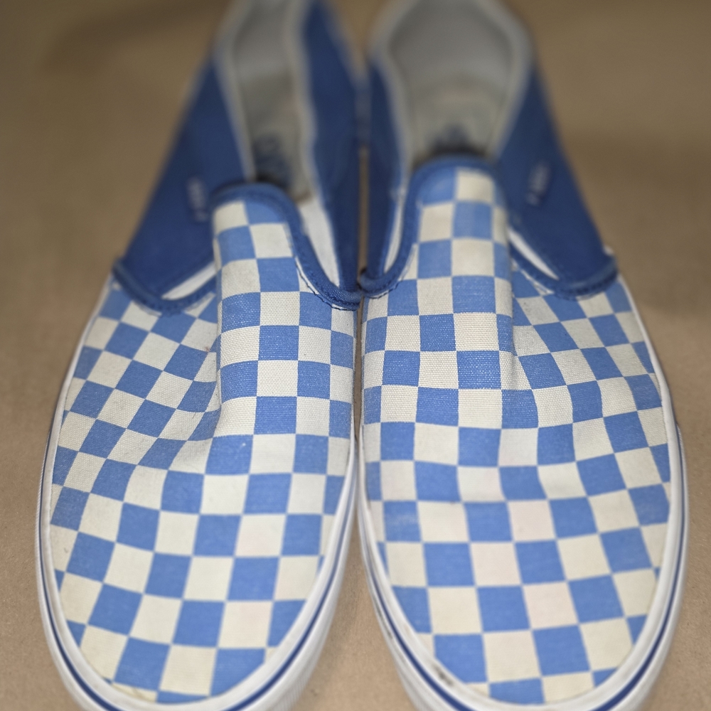 Blue and White Checkered Slip-On Vans Women's Shoes. Size 10